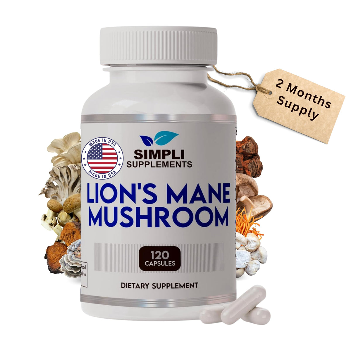 Flacon de capsules de champignon lion Simpli Supplements, vue de face