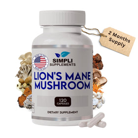 Flacon de capsules de champignon lion Simpli Supplements, vue de face