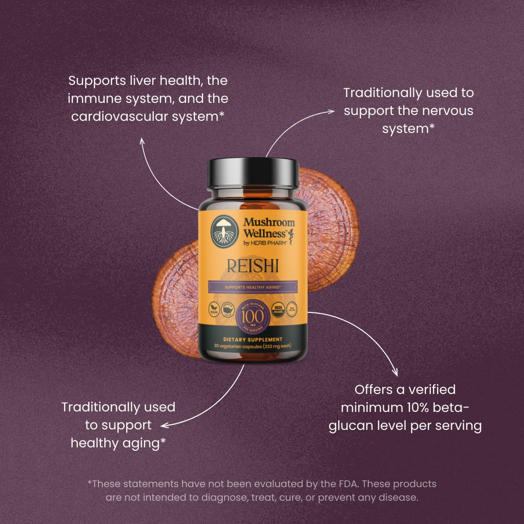 Flacon de capsules de champignon Reishi Herb Pharm sur une table