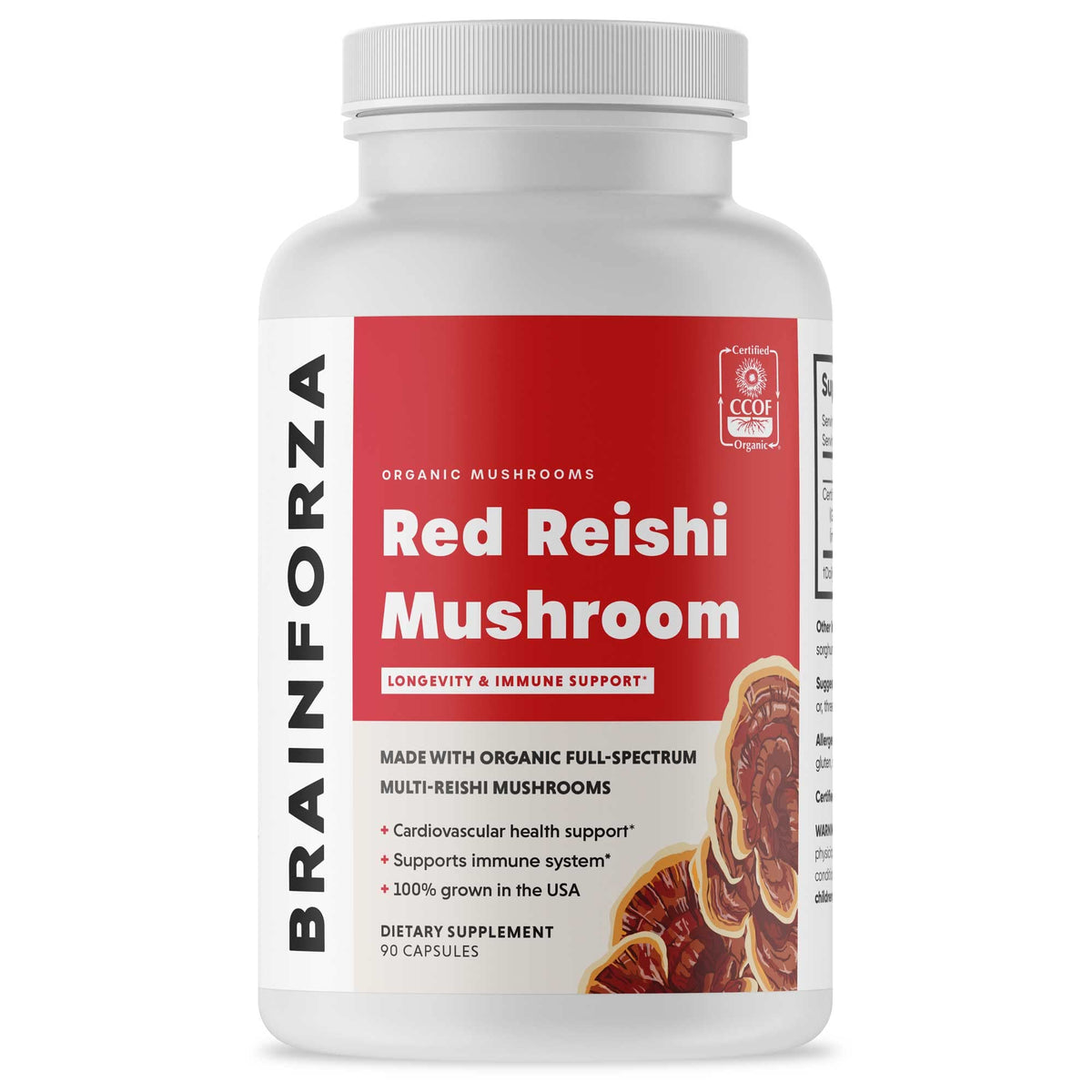 Flacon de capsules de champignon Reishi Rouge bio Brain Forza, 90 unités