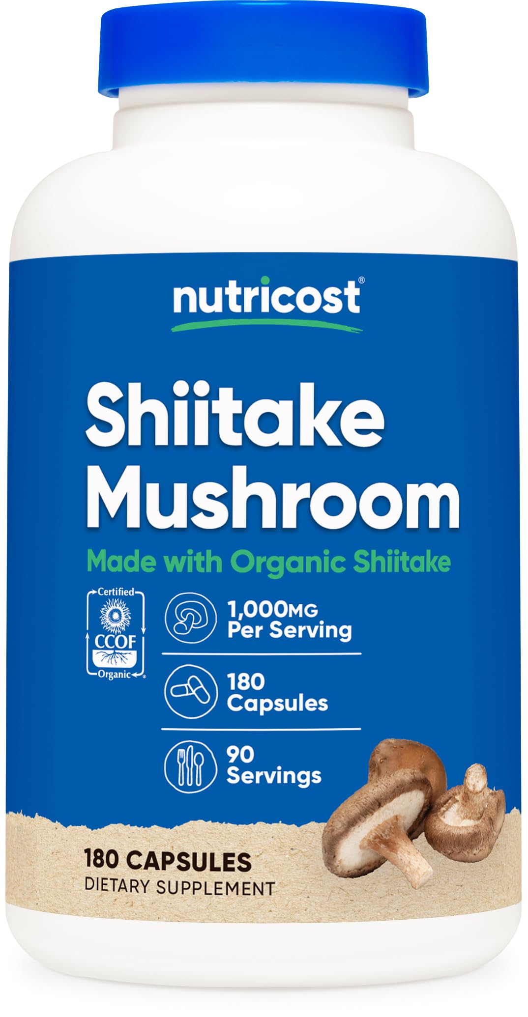 Flacon de capsules de champignon shiitake biologique Nutricost vue de face