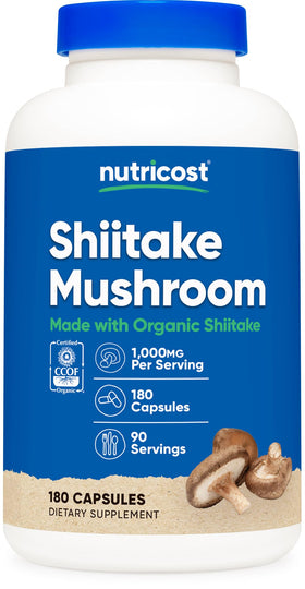Flacon de capsules de champignon shiitake biologique Nutricost vue de face