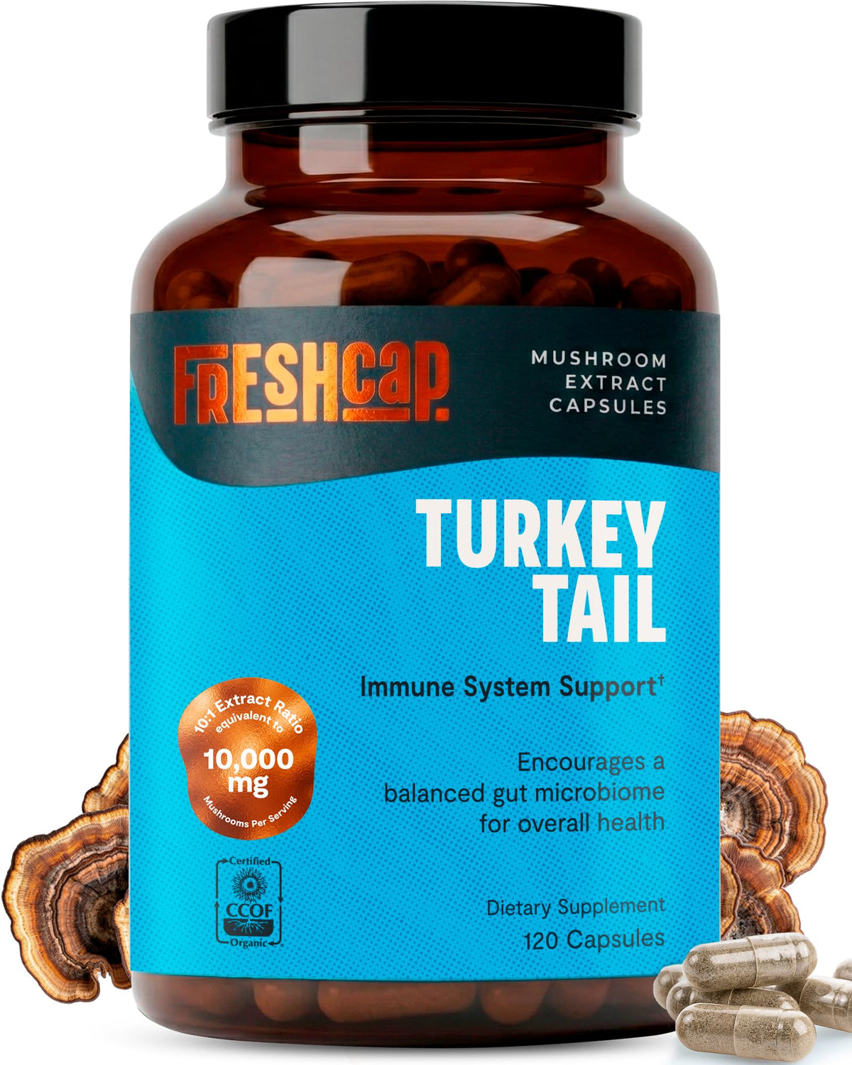 Flacon de capsules de champignon Turkey Tail FreshCap Mushrooms vue de face