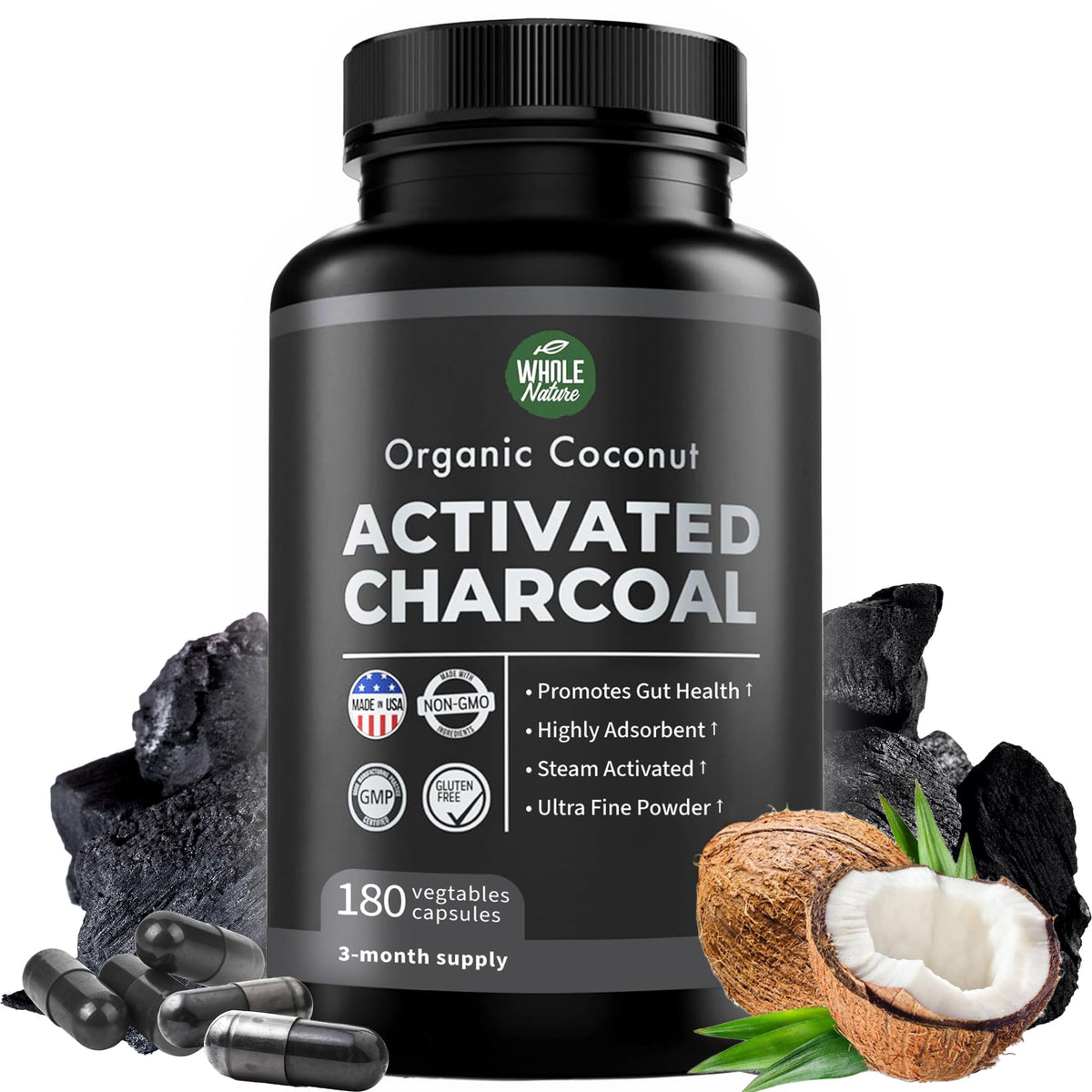 Flacon de capsules de charbon actif de coco Whole Nature, 180 pièces