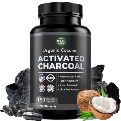 Flacon de capsules de charbon actif de coco Whole Nature, 180 pièces