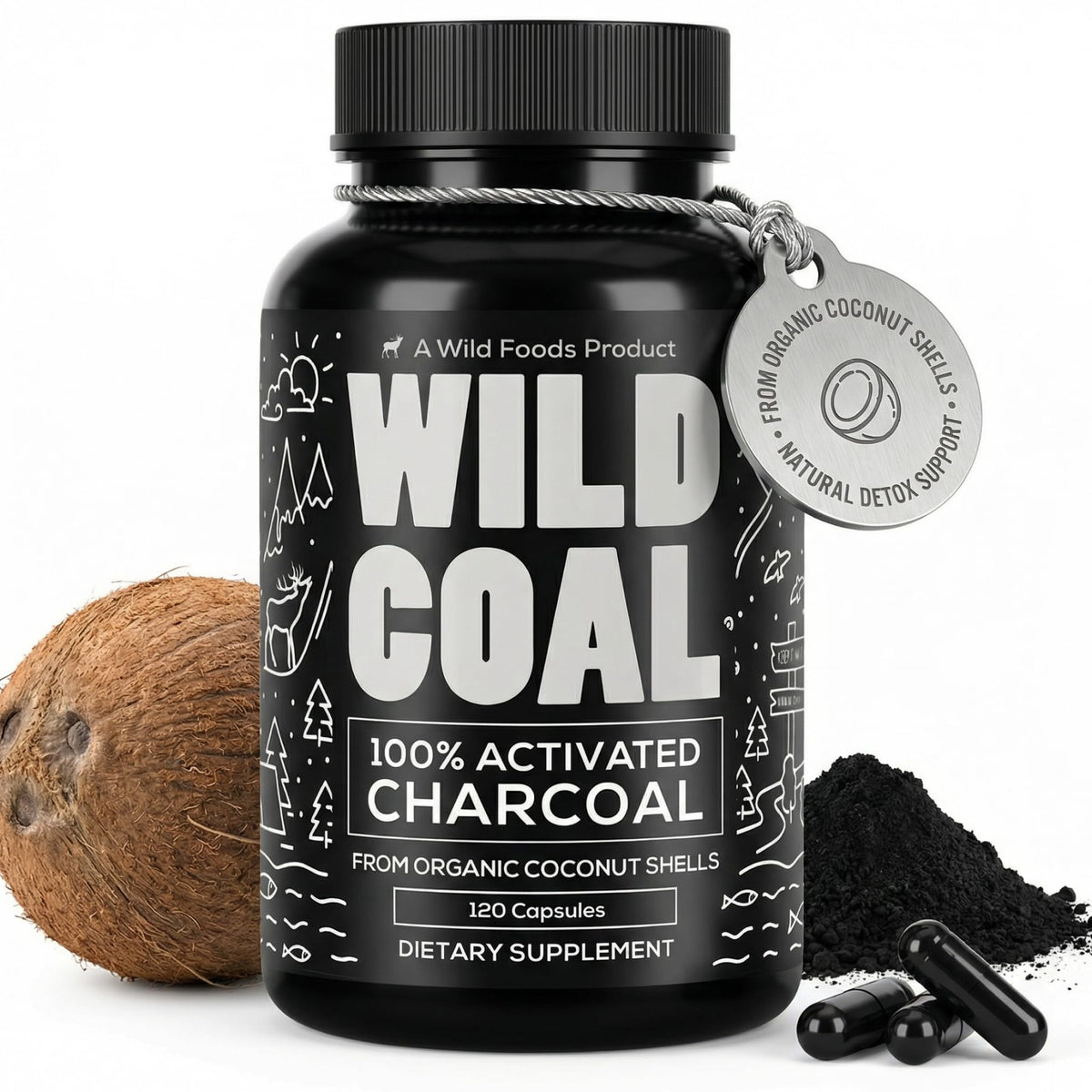 Flacon de capsules de charbon actif Wild Foods, 120 capsules, vue de face