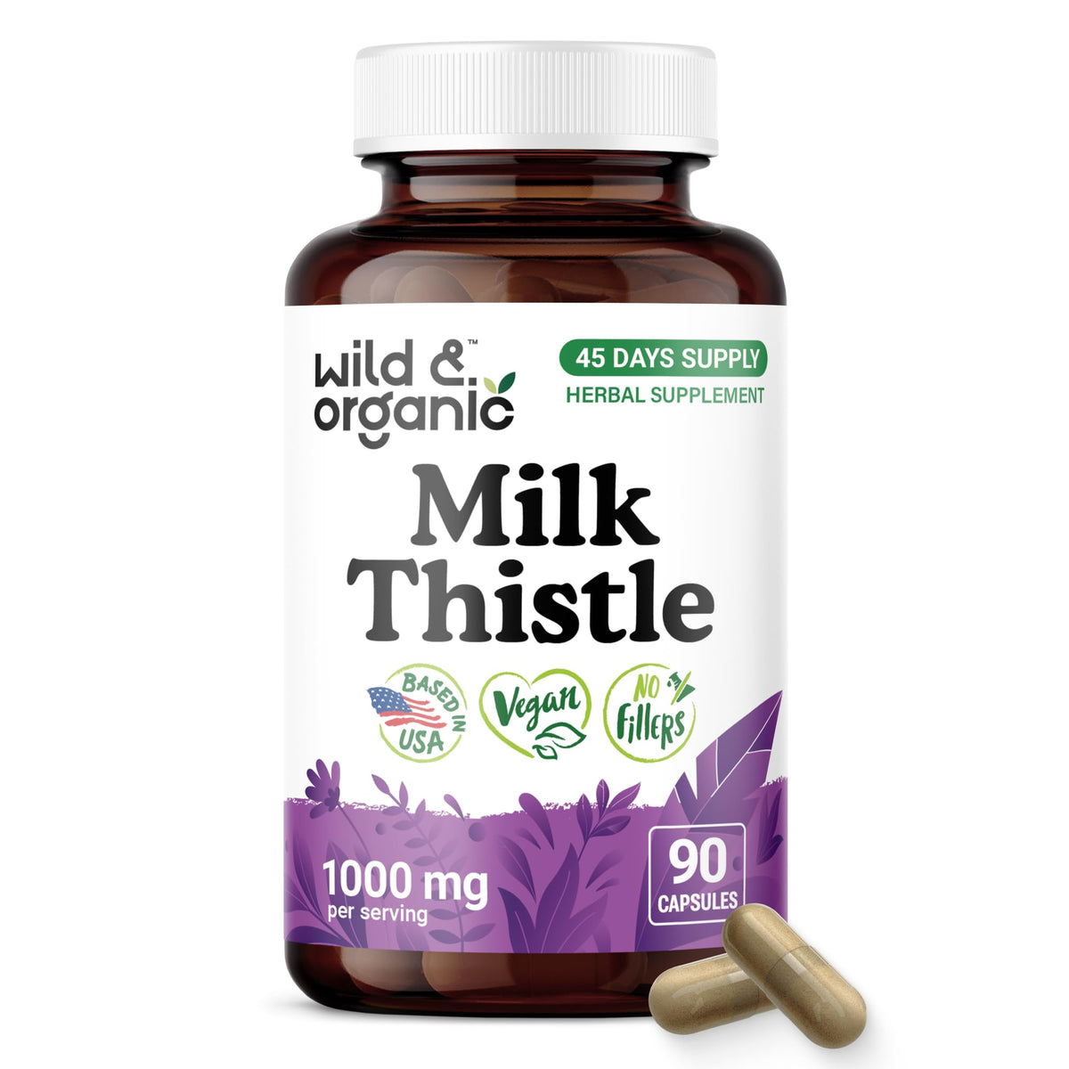 Flacon de capsules de chardon-marie Wild & Organic 1000mg vue de face