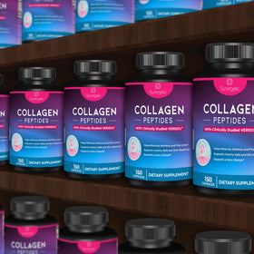 Flacon de capsules de collagène Sunergetic sur un fond neutre