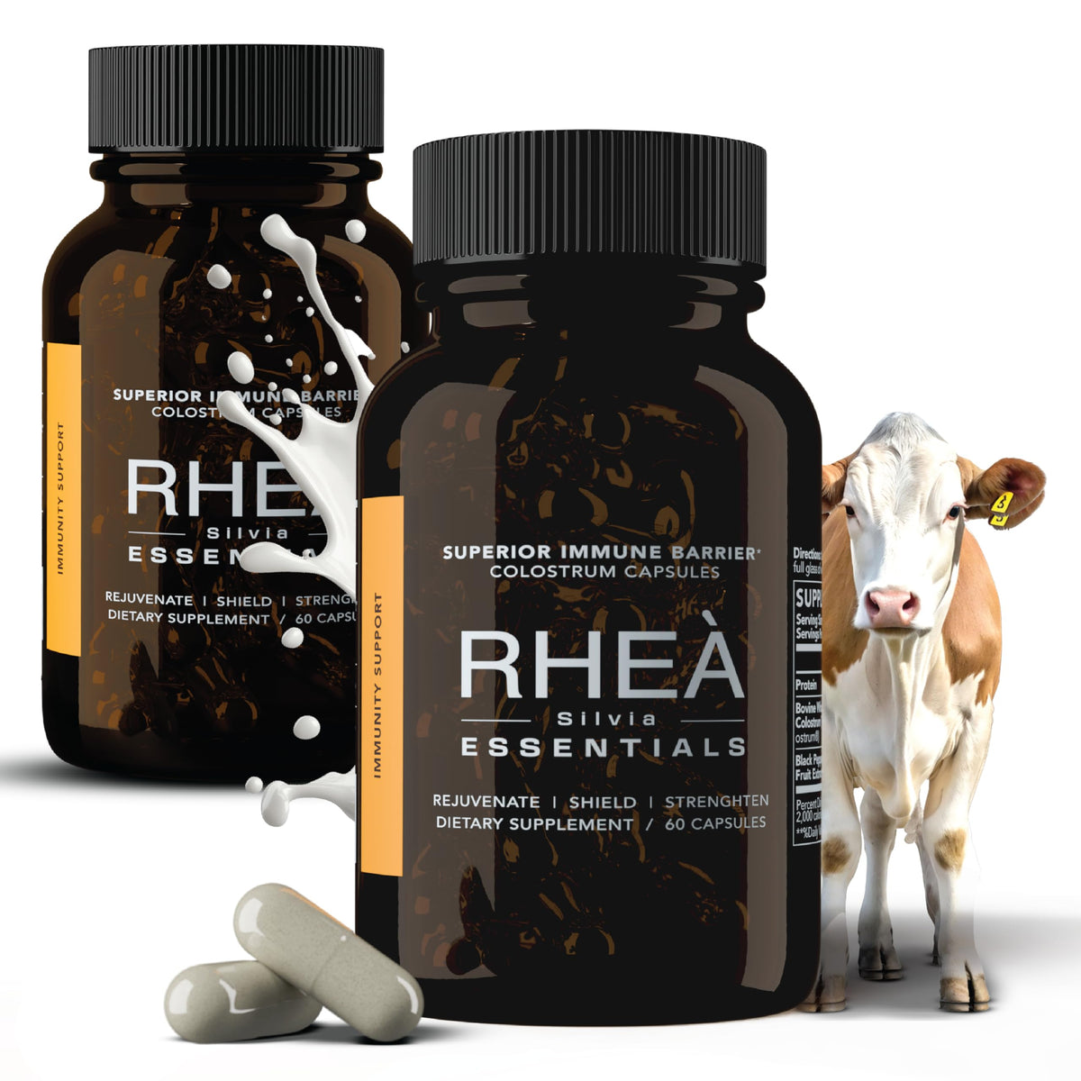 Flacon de capsules de colostrum bovin RHEASILVIA 120 caps vue de face