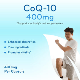 Flacon de capsules de CoQ10 400mg avec des gélules visibles