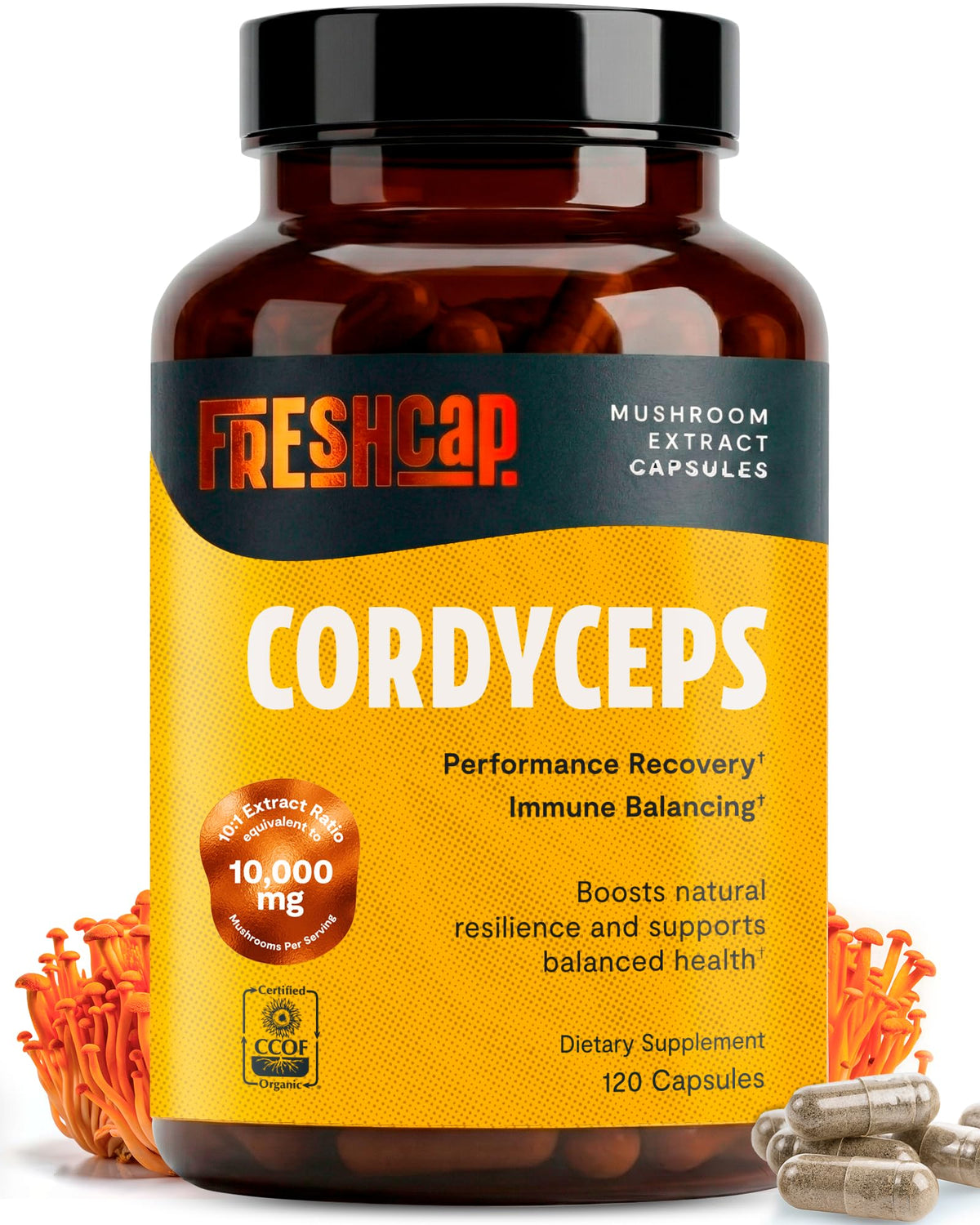 Flacon de capsules de cordyceps FreshCap 120 capsules vue de face