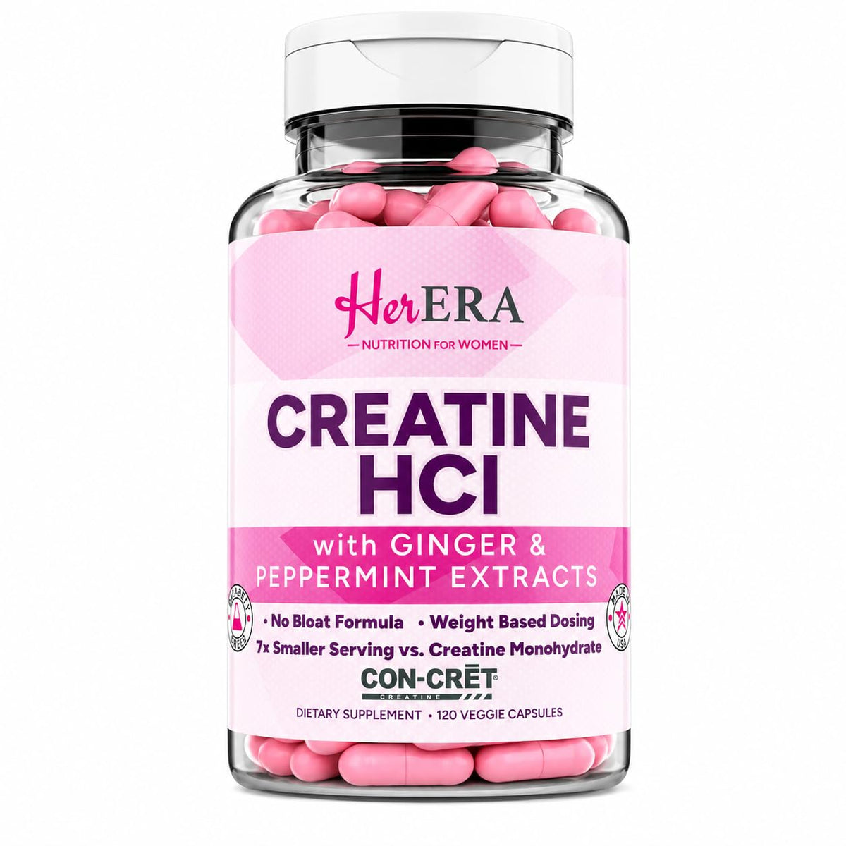 Flacon de capsules de créatine HCl Her ERA, 120 capsules végétaliennes