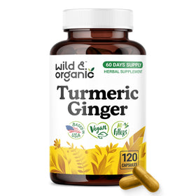 Flacon de capsules de curcuma et gingembre Wild & Organic vue de face