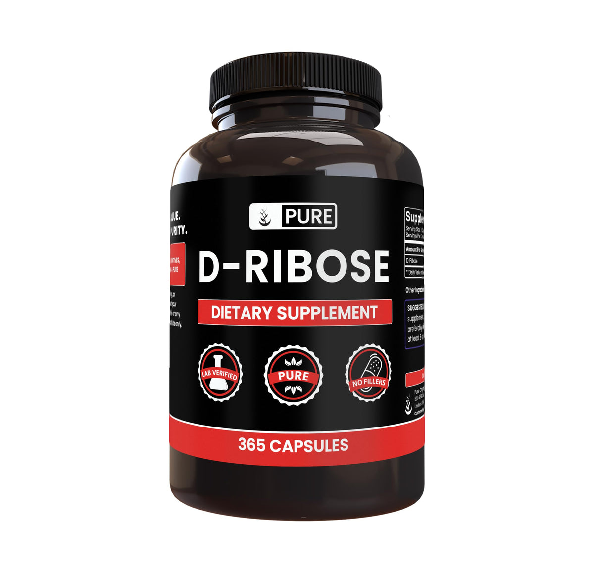 Flacon de capsules de D-Ribose PURE ORIGINAL INGREDIENTS vue avant