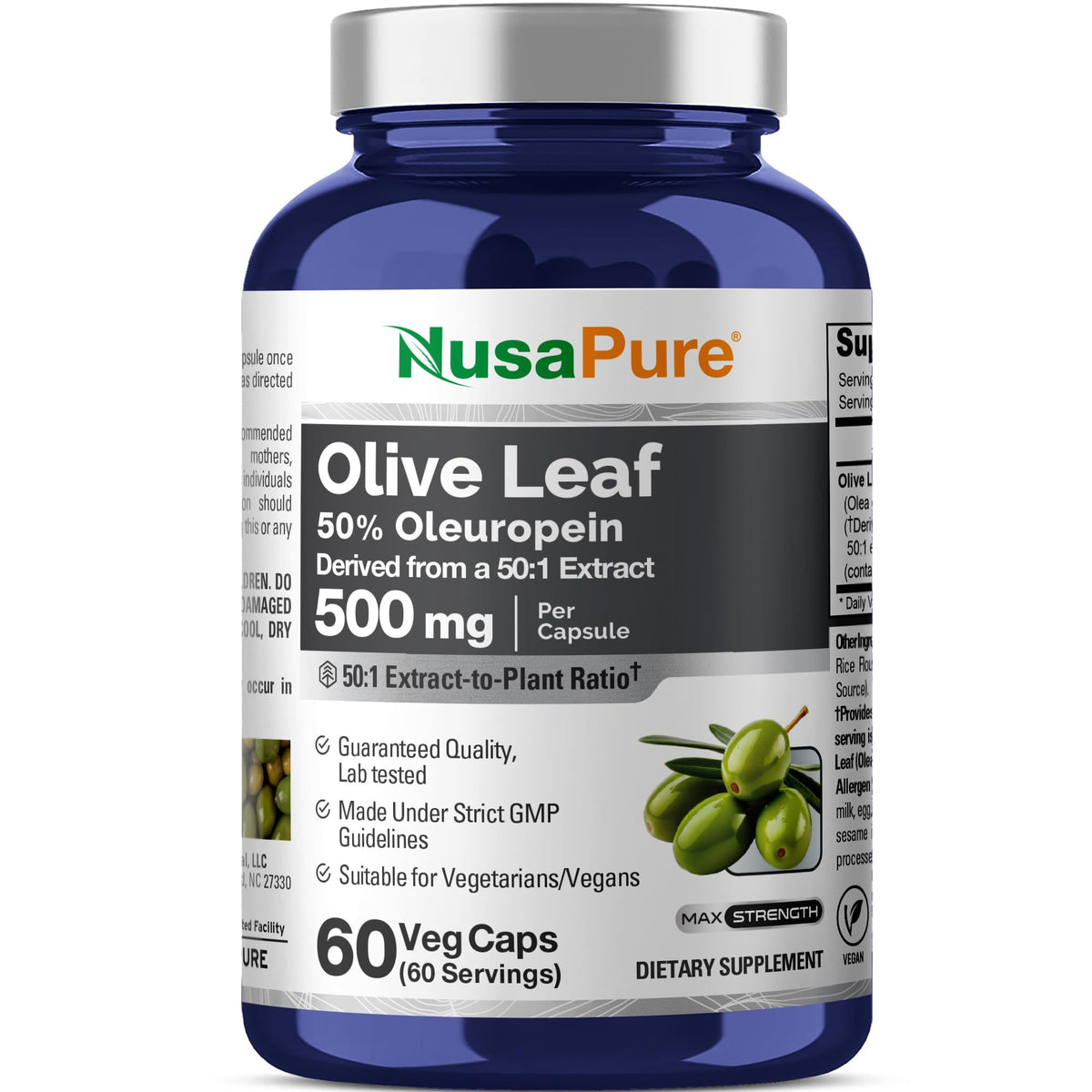 Flacon de capsules de feuille d'olive NusaPure 500mg vue de face