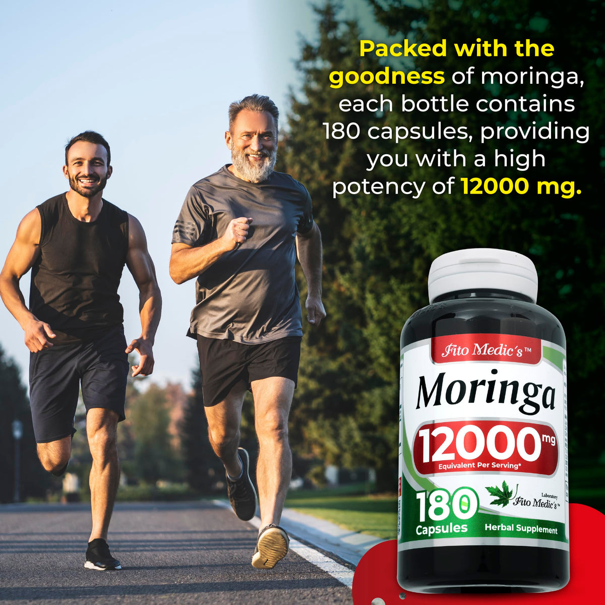 Flacon de capsules de feuille de moringa FITOMEDIC'S sur fond blanc