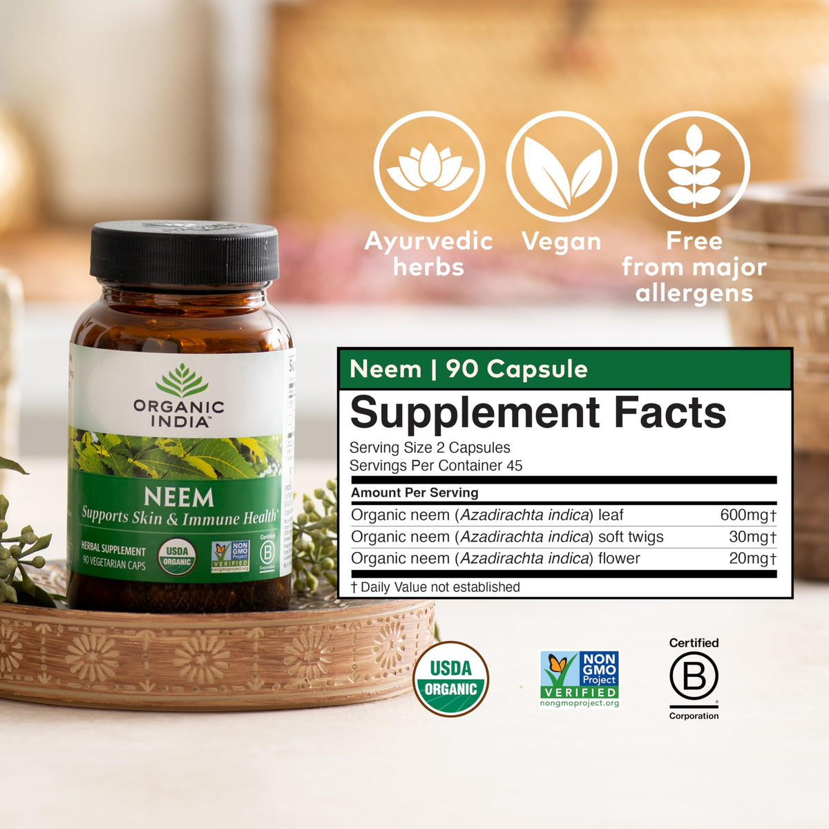 Flacon de Capsules de Feuille de Neem ORGANIC INDIA ouvert