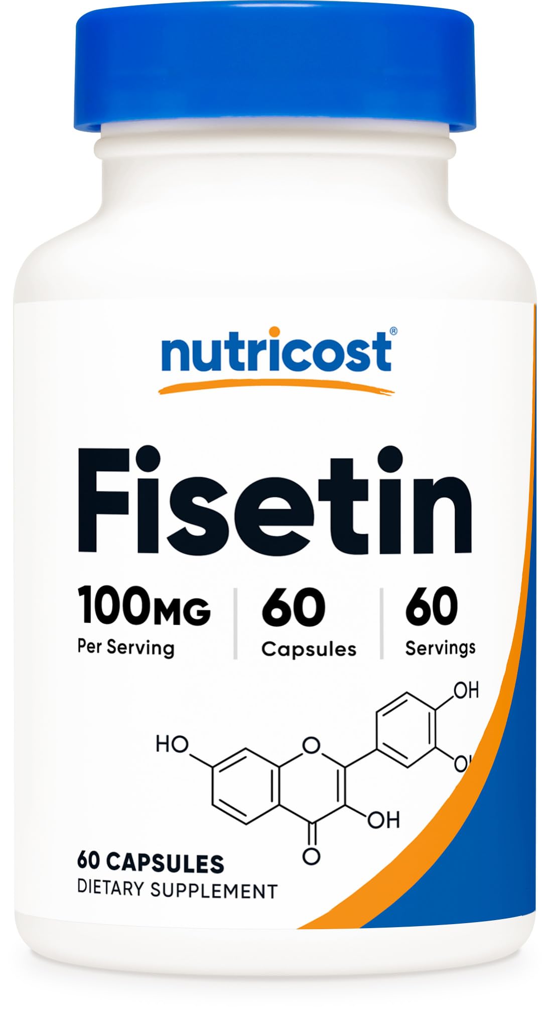 Flacon de Capsules de Fisetin Nutricost 100 mg avec étiquette détaillée