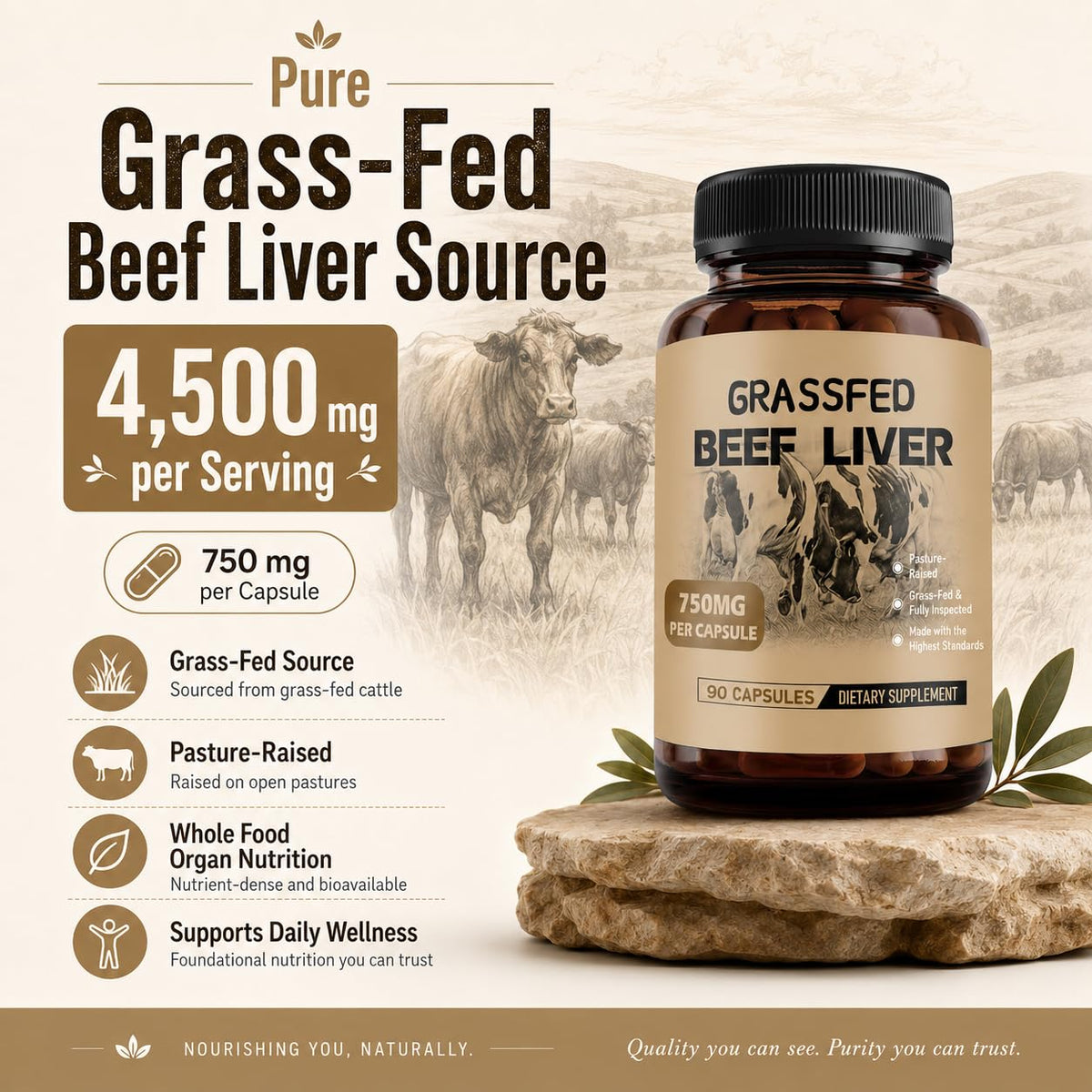 Flacon de capsules de foie de bœuf alimenté à l'herbe sur une table