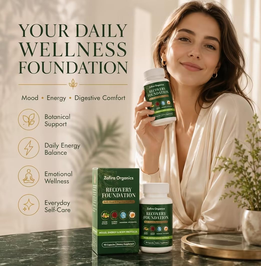Flacon de Capsules de Fondation Zafira Organics avec étiquette visible