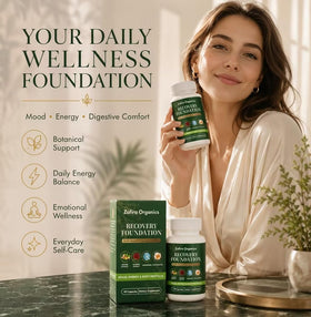Flacon de Capsules de Fondation Zafira Organics avec étiquette visible