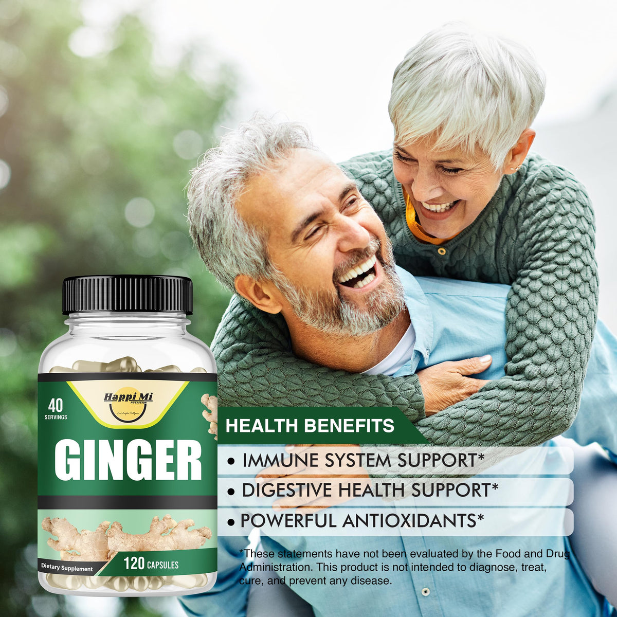 Flacon de capsules de gingembre avec une cuillère doseuse à côté