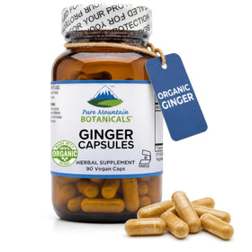 Flacon de capsules de gingembre bio Pure Mountain Botanicals vue de face