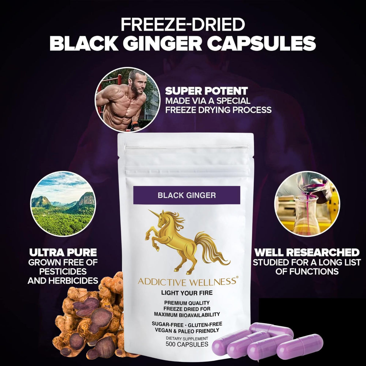 Flacon de capsules de gingembre noir Addictive Wellness avec étiquette