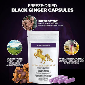 Flacon de capsules de gingembre noir Addictive Wellness avec étiquette