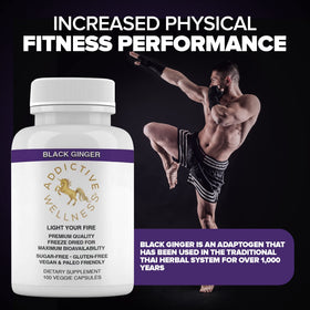 Flacon de capsules de gingembre noir Addictive Wellness sur fond blanc