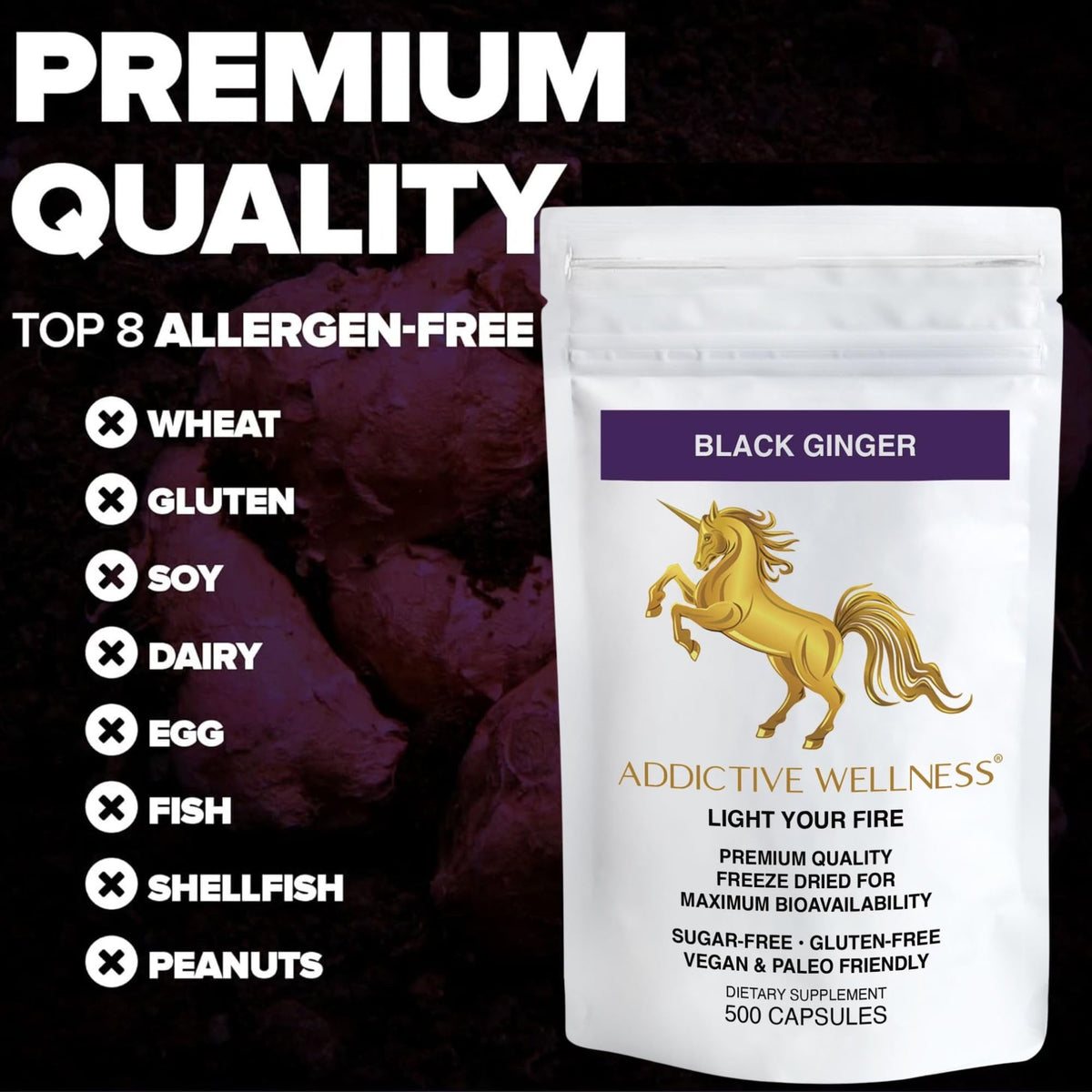 Flacon de capsules de gingembre noir Addictive Wellness sur une table