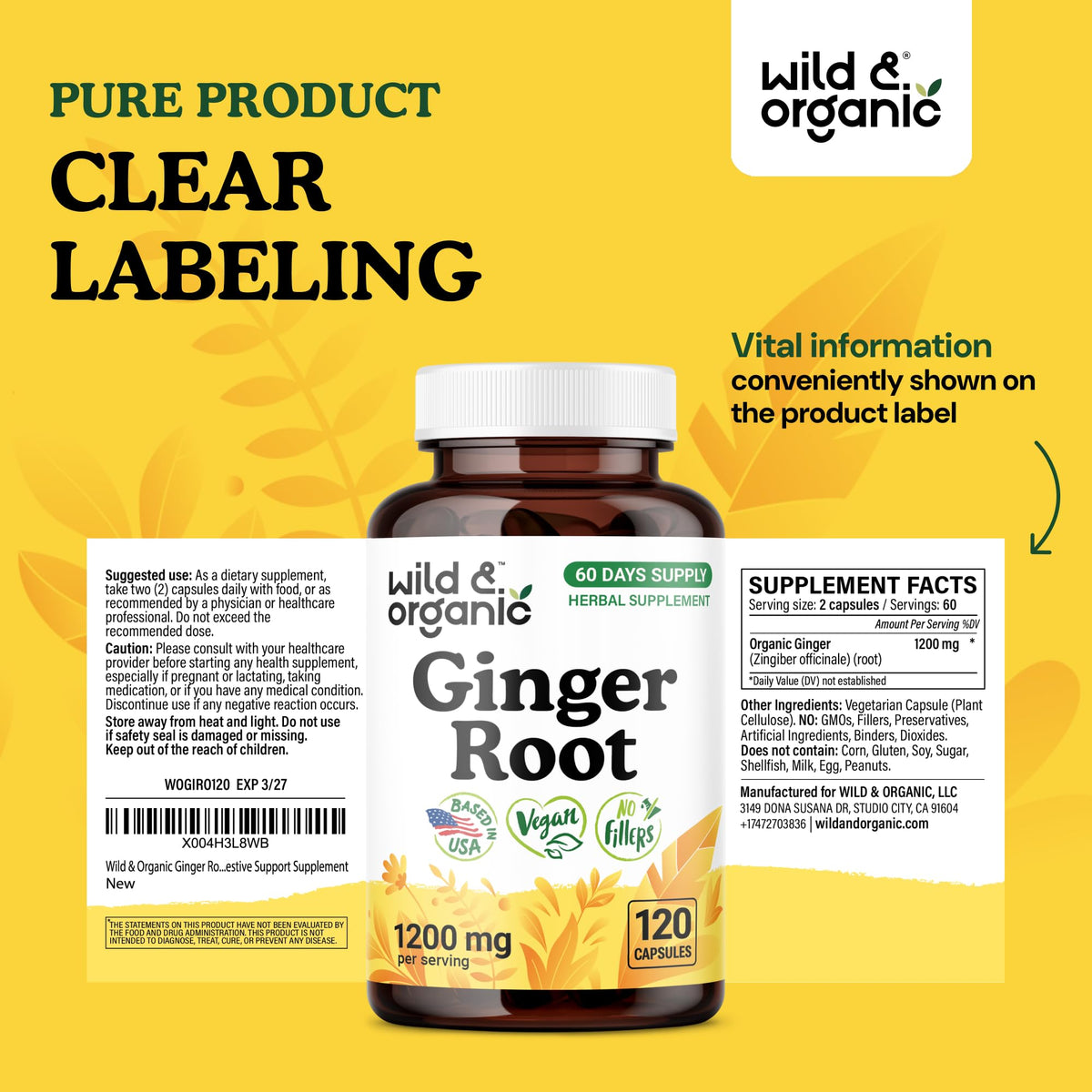 Flacon de capsules de gingembre Wild & Organic avec capsules à côté