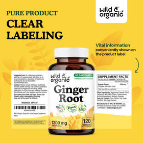 Flacon de capsules de gingembre Wild & Organic avec capsules à côté