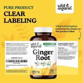 Flacon de capsules de gingembre Wild & Organic ouvert avec capsules visibles