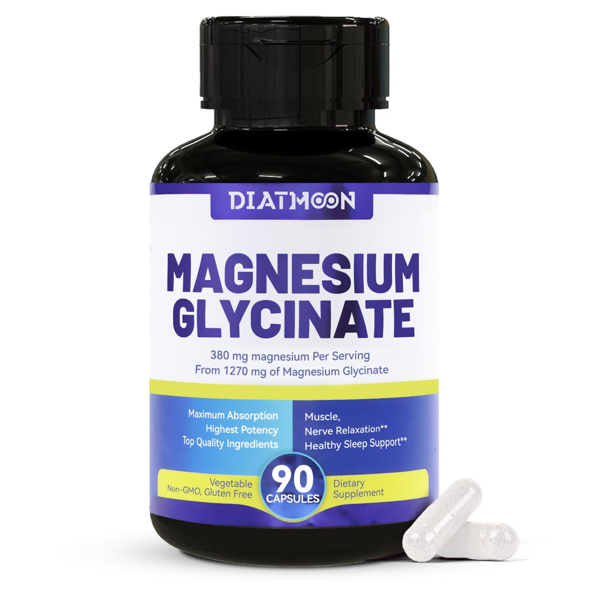 Flacon de capsules de glycinate de magnésium DIATMOON 380mg, vue de face
