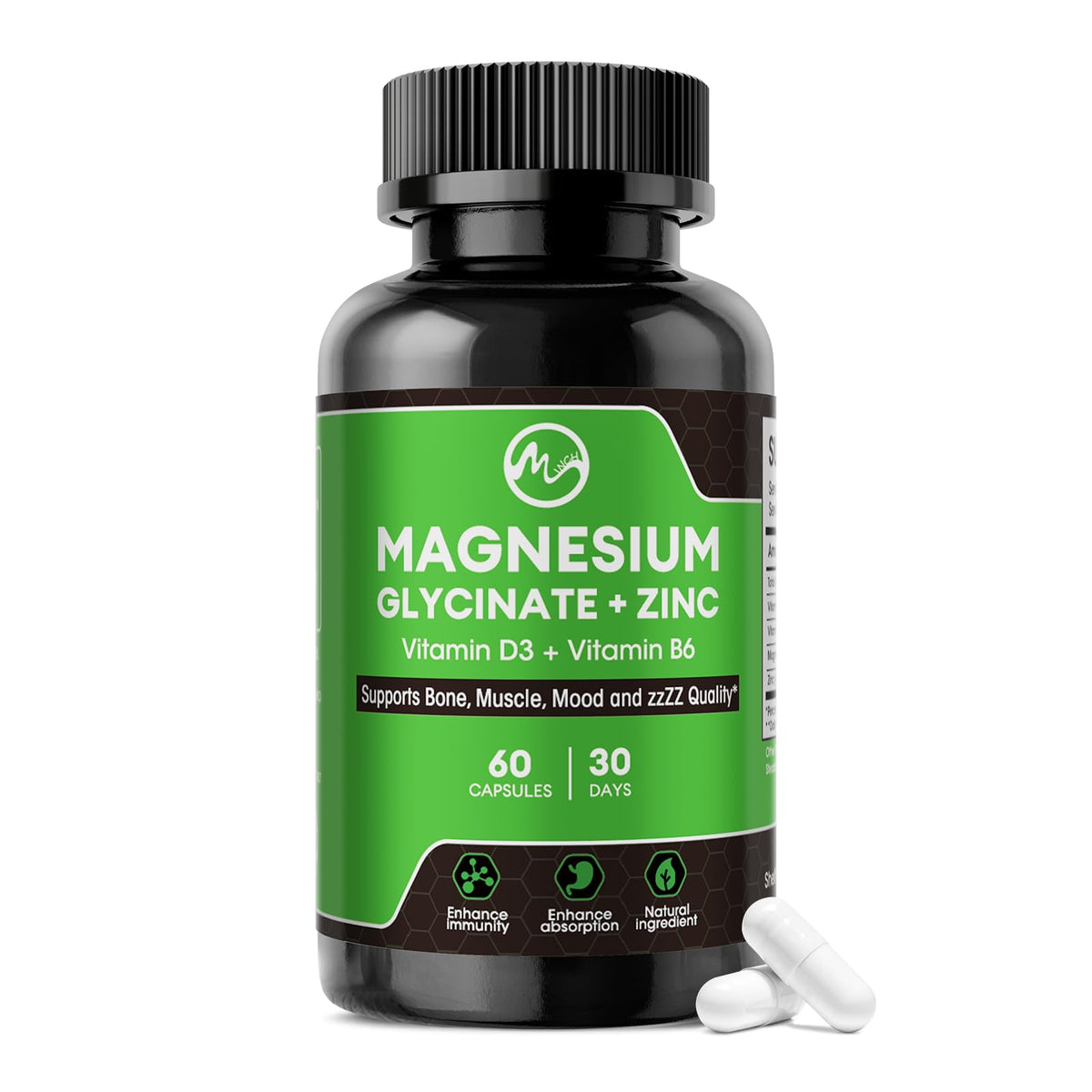 Flacon de capsules de glycinate de magnésium M inch, 60 capsules