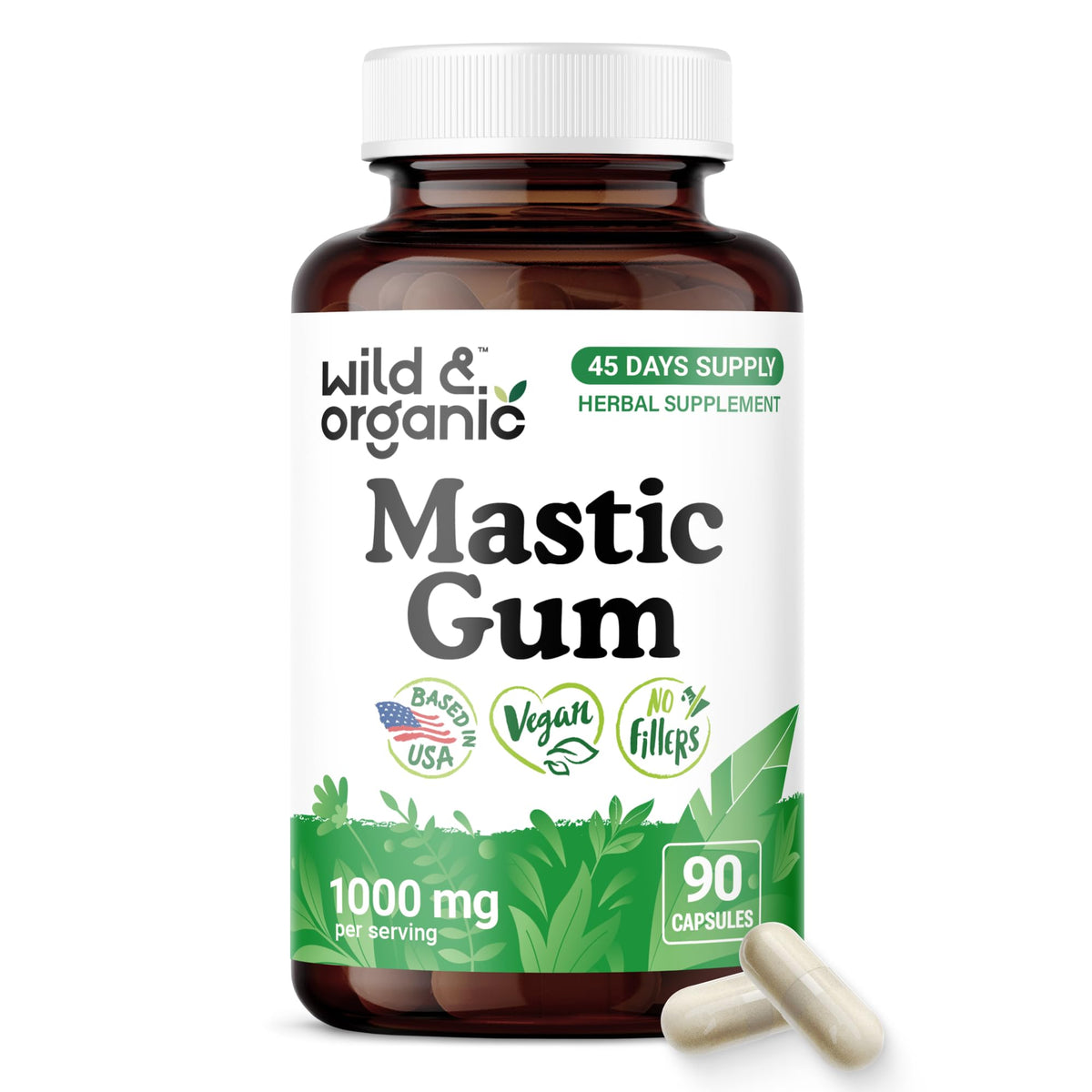 Flacon de capsules de gomme mastic Wild & Organic 1000 mg, 90 comprimés