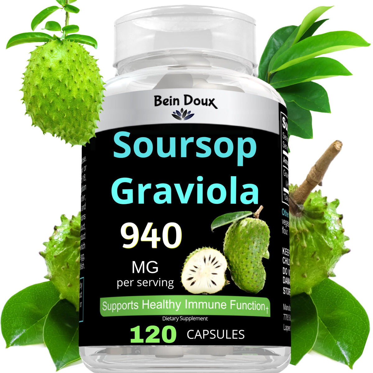 Flacon de capsules de Graviola BEIN DOUX 940mg vue de face
