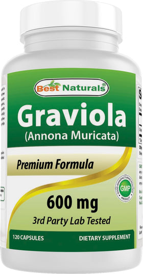 Flacon de capsules de Graviola Best Naturals 600 mg, vue de face