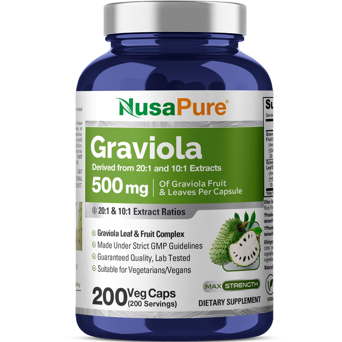 Flacon de capsules de Graviola NusaPure 500mg 200 végétales vue de face
