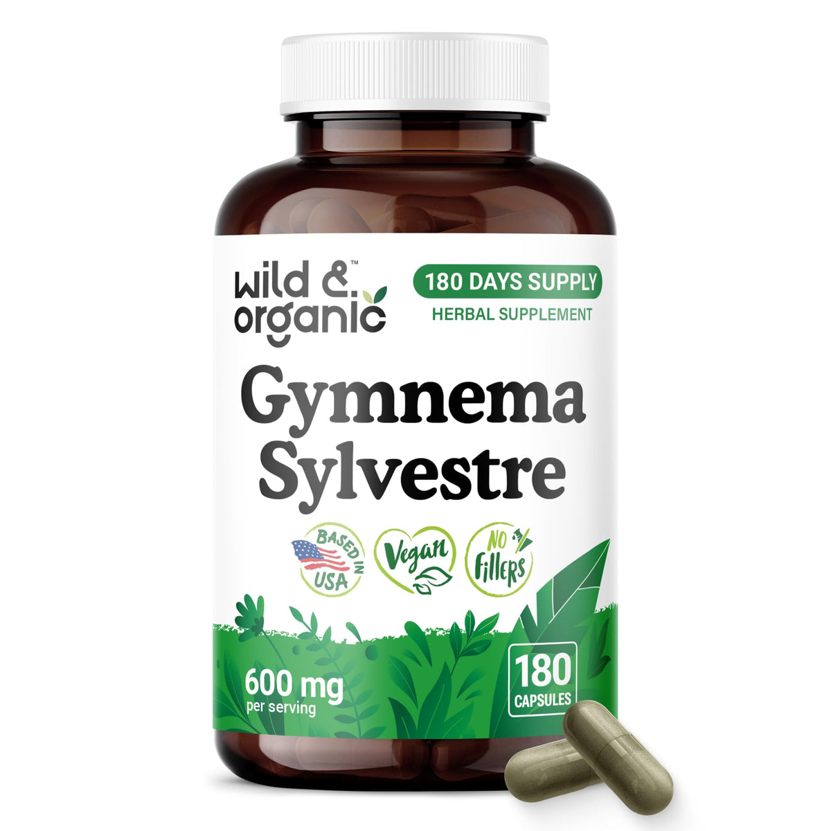 Flacon de capsules de Gymnema Wild & Organic 600 mg, 180 gélules