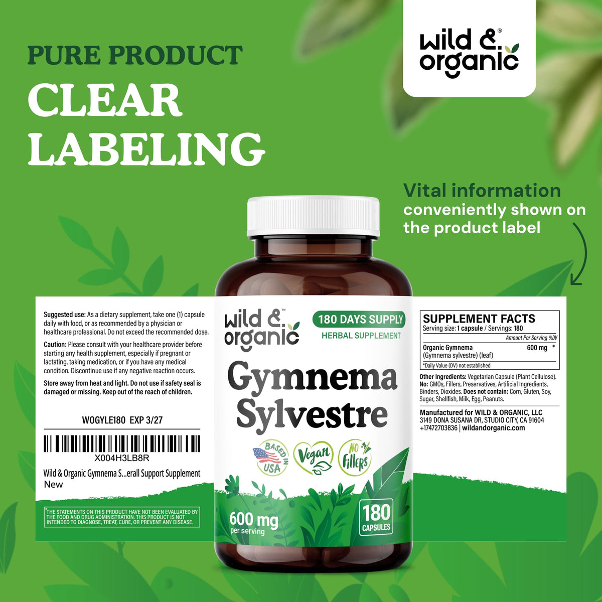 Flacon de capsules de Gymnema Wild & Organic avec étiquette visible