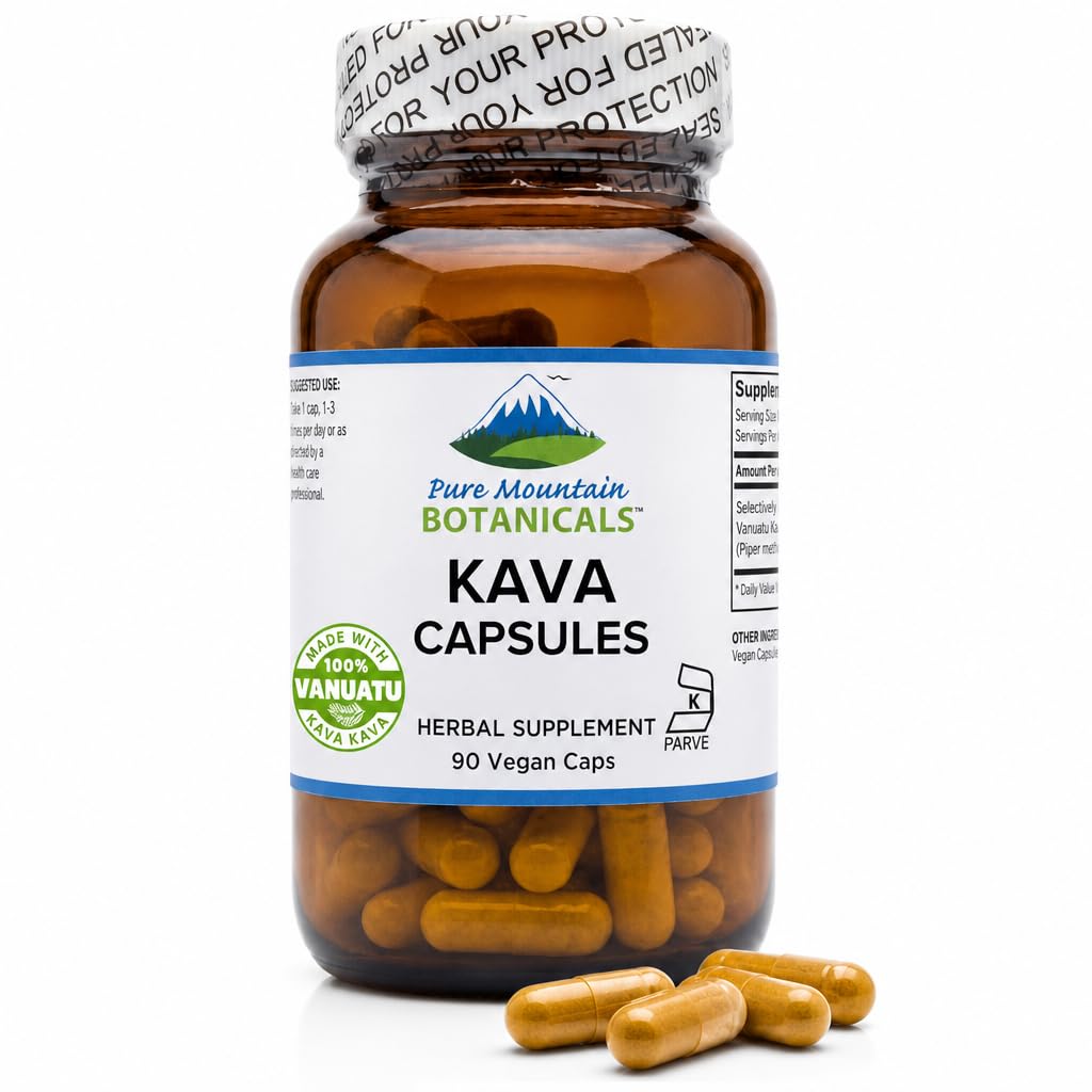 Flacon de capsules de Kava Kava Pure Mountain Botanicals, 90 unités
