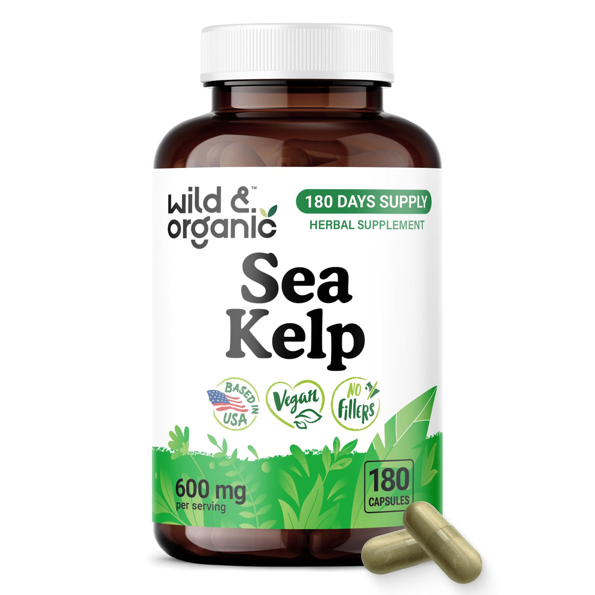 Flacon de capsules de kelp marin Wild & Organic 600 mg, 180 capsules