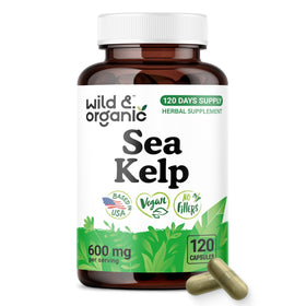 Flacon de capsules de kelp marin Wild & Organic 600 mg, vue de face