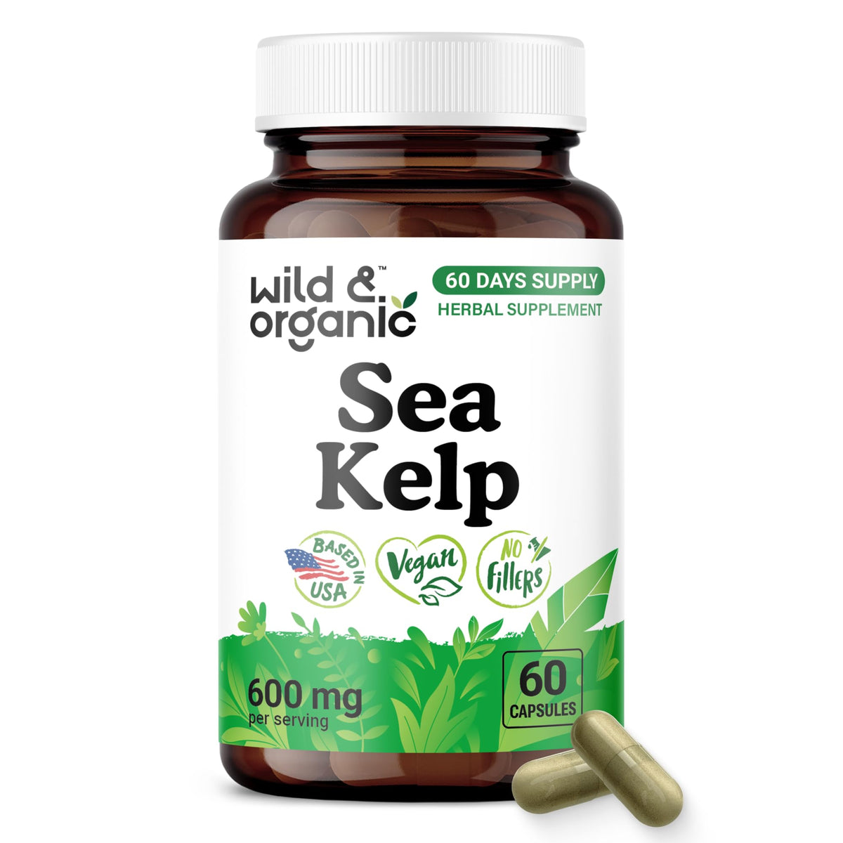 Flacon de capsules de kelp marin Wild & Organic 600 mg, vue de face