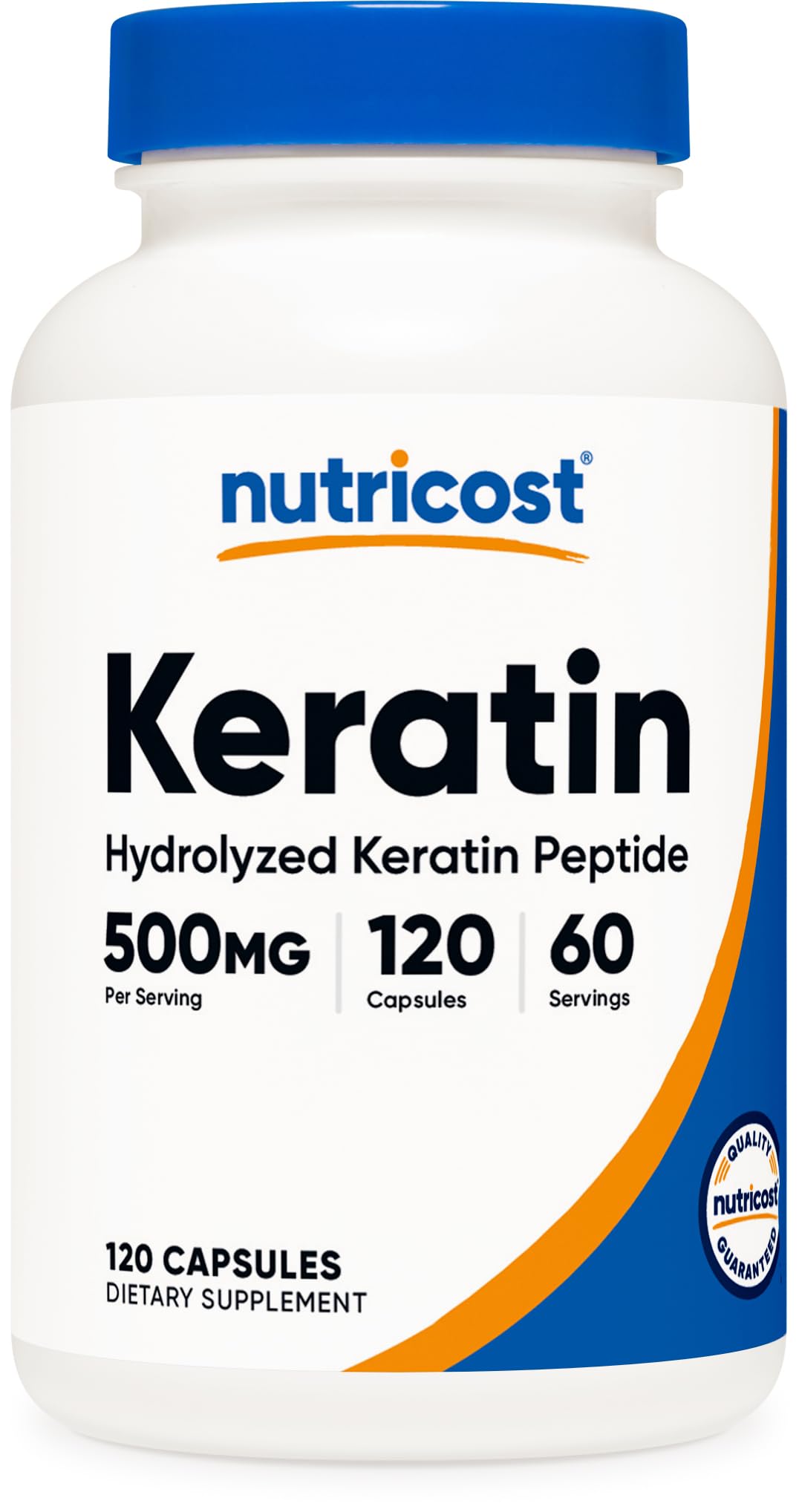Flacon de capsules de Kératine Hydrolisés Nutricost 500mg vue de face