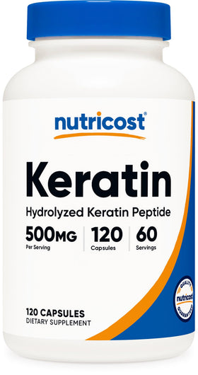 Flacon de capsules de Kératine Hydrolisés Nutricost 500mg vue de face