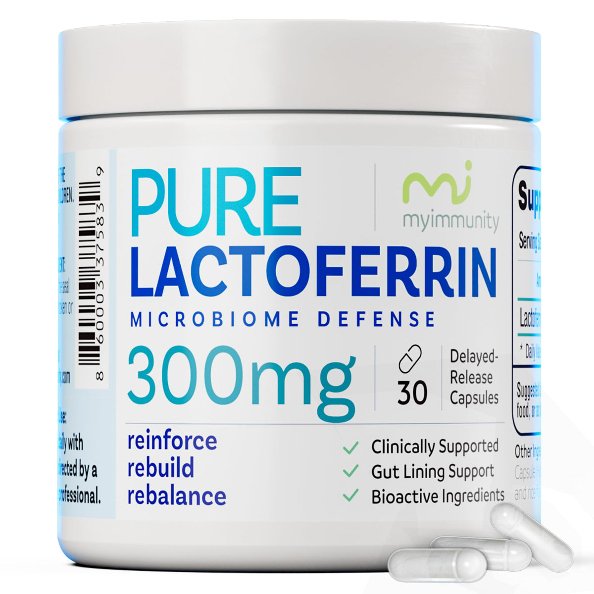 Flacon de capsules de lactoferrine MyImmunity 300mg, vue de face