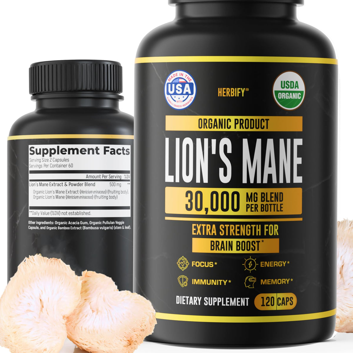 Flacon de capsules de Lion's Mane HERBIFY vue avant